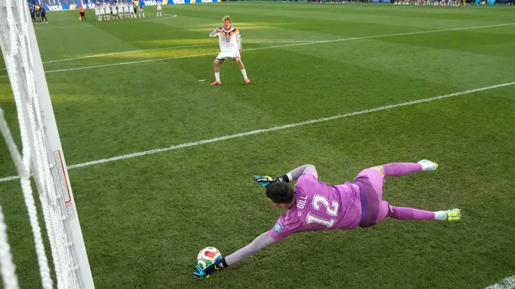 FOXBOROUGH, MASSACHUSETTS - JUNE 29: (EDITORS NOTE: Image was captured using a remote netcam) Orlando Gill #12 of Paraguay saves the Germany's fourth penalty taken by Nick Woltemade #11 of Germany in the penalty shootout during the FIFA World Cup 2026 Round Of 32 match between Germany and Paraguay at Boston Stadium on June 29, 2026 in Foxborough, Massachusetts. (Photo by Megan Briggs/Getty Images)