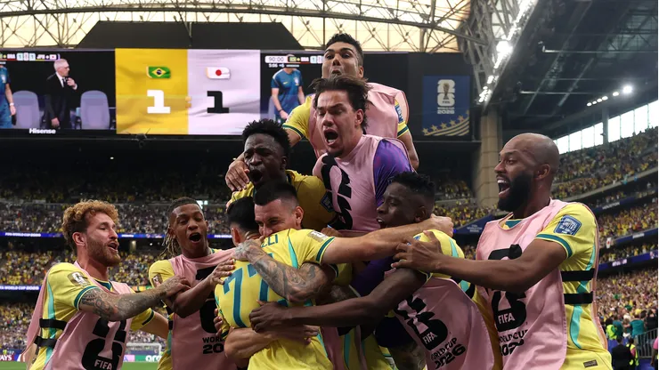 HOUSTON, TEXAS - JUNE 29: Gabriel Martinelli #22 of Brazil celebrates with teammates after scoring the team's second goal during the FIFA World Cup 2026 Round Of 32 match between Brazil and Japan at Houston Stadium on June 29, 2026 in Houston, Texas. (Photo by Lars Baron/Getty Images)