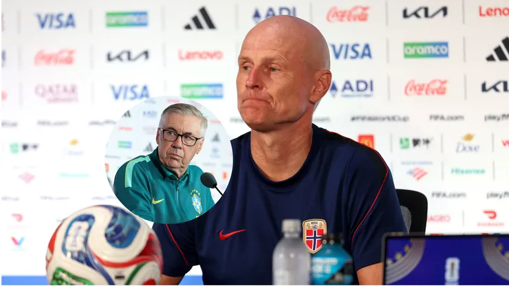 Ståle Solbakken, técnico da Noruega, concede entrevista coletiva na véspera da partida contra a Costa do Marfim pela fase de 16 avos de final da Copa do Mundo de 2026 / Carlo Ancelotti (Brasil) fala durante treinamento e entrevista coletiva na véspera do confronto diante do Japão pela Copa do Mundo de 2026 (Foto: Stacy Revere/Getty Images / Jack Gorman/Getty Images)