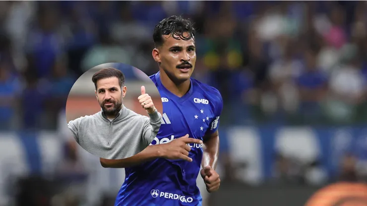 Kaiki Bruno jogador do Cruzeiro durante partida contra o Goiás/Cesc Fàbregas, técnico do Como 1907, comemora a vitória ao fim da partida da Serie A contra o Pisa (Imagem: Gilson Lobo/AGIF/Marco Luzzani/Getty Images)