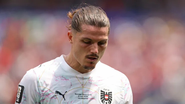 INGLEWOOD, CALIFORNIA - JULY 02: Marcel Sabitzer #9 of Austria walks off the pitch after a 0-3 loss during the FIFA World Cup 2026 Round of 32 match between Spain and Austria at Los Angeles Stadium on July 02, 2026 in Inglewood, California. (Photo by Francois Nel/Getty Images)