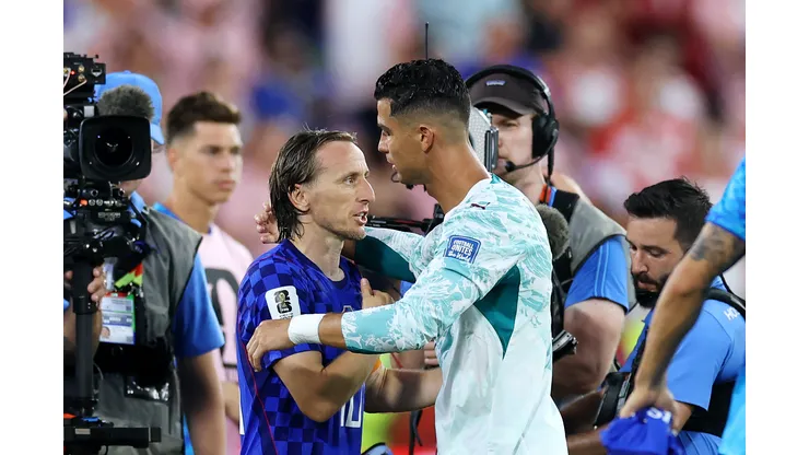 TORONTO, ONTARIO - JULY 02: Luka Modric #10 of Croatia congratulates Cristiano Ronaldo #7 of Portugal after the 2-1 win during the FIFA World Cup 2026 Round of 32 match between Portugal and Croatia at Toronto Stadium on July 02, 2026 in Toronto, Ontario. (Photo by Buda Mendes/Getty Images)