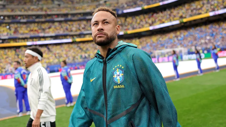 Neymar Jr #10 of Brazil looks on before the FIFA World Cup 2026 Round Of 32 match between Brazil and Japan at Houston Stadium on June 29, 2026 in Houston, Texas. (Photo by Alex Slitz/Getty Images)