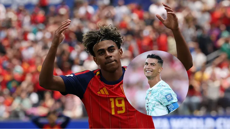 Lamine Yamal #19 (Espanha) durante partida da fase de 16 avos de final da Copa do Mundo de 2026 / Cristiano Ronaldo #7 (Portugal) observa durante o confronto contra a Croácia pela fase de 16 avos de final da Copa do Mundo de 2026 (Foto: Michael Steele/Getty Images / Dan Mullan/Getty Images)