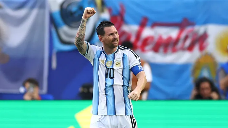 MIAMI GARDENS, FLORIDA - JULY 03: Lionel Messi #10 of Argentina celebrates scoring his team's first goal during the FIFA World Cup 2026 Round of 32 match between Argentina and Cabo Verde at Miami Stadium on July 03, 2026 in Miami Gardens, Florida. (Photo by Robert Cianflone/Getty Images)