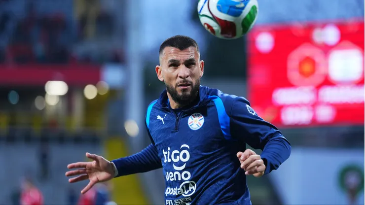 LENS, FRANCE - MARCH 31: Junior Alonso of Paraguay warms up prior to the international friendly match between Morocco and Paraguay at Stade Bollaert-Delelis on March 31, 2026 in Lens, France. (Photo by Franco Arland/Getty Images)