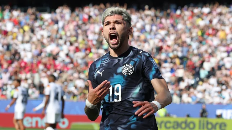 FOXBOROUGH, MASSACHUSETTS - JUNE 29: Julio Enciso #19 of Paraguay celebrates after scoring his team's first goal during the FIFA World Cup 2026 Round Of 32 match between Germany and Paraguay at Boston Stadium on June 29, 2026 in Foxborough, Massachusetts. (Photo by Alexander Hassenstein/Getty Images)