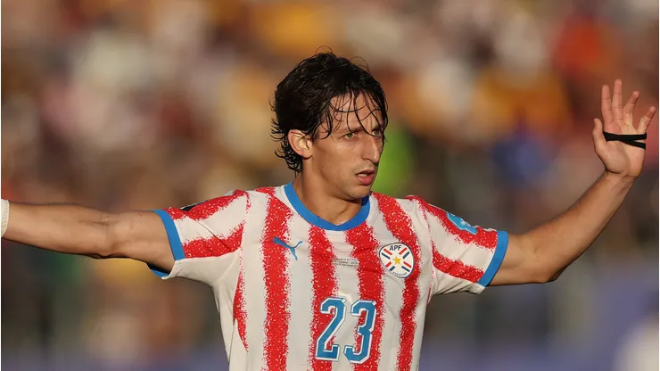 SANTA CLARA, CALIFORNIA - JUNE 25: Paraguay player Matias Galarza reacts during the FIFA World Cup 2026 Group D match between Paraguay and Australia at San Francisco Bay Area Stadium on June 25, 2026 in Santa Clara, California. (Photo by Stu Forster/Getty Images)