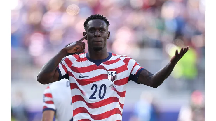 SANTA CLARA, CALIFORNIA - JULY 01: Folarin Balogun #20 of the United States celebrates scoring his team's first goal during the FIFA World Cup 2026 Round of 32 match between USA and Bosnia and Herzegovina at San Francisco Bay Area Stadium on July 01, 2026 in Santa Clara, California. (Photo by Jamie Squire/Getty Images)