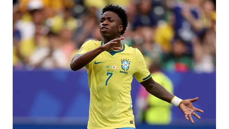 HOUSTON, TEXAS - JUNE 29: Vinicius Junior #7 of Brazil reacts during the FIFA World Cup 2026 Round Of 32 match between Brazil and Japan at Houston Stadium on June 29, 2026 in Houston, Texas. (Photo by Lars Baron/Getty Images)