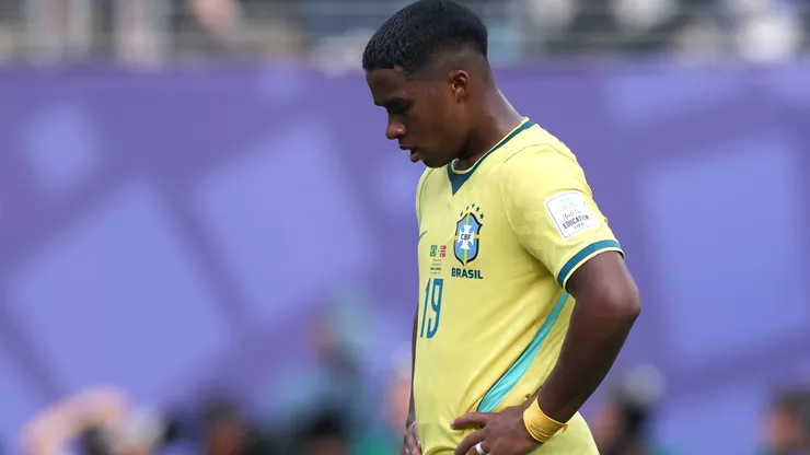 Endrick, camisa 19 do Brasil, reage durante a partida das oitavas de final da Copa do Mundo da FIFA 2026 entre Brasil e Noruega, no New York New Jersey Stadium, em 5 de julho de 2026, em East Rutherford, Nova Jersey. (Foto de Buda Mendes/Getty Images)