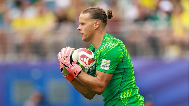 Orjan Nyland #1 of Norway makes a save during the FIFA World Cup 2026 Round of 16 match between Brazil and Norway at New York New Jersey Stadium on July 05, 2026 in East Rutherford, New Jersey.