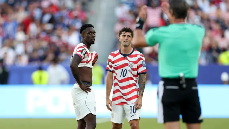 Folarin Balogun #20 and Christian Pulisic #10 of the United States reacts to him receiving a red card for a foul on Tarik Muharemovic #4 of Bosnia and Herzegovina during the FIFA World Cup 2026 Round of 32 match between USA and Bosnia and Herzegovina at San Francisco Bay Area Stadium on July 01, 2026 in Santa Clara, California. (Photo by Charlotte Wilson/Getty Images)