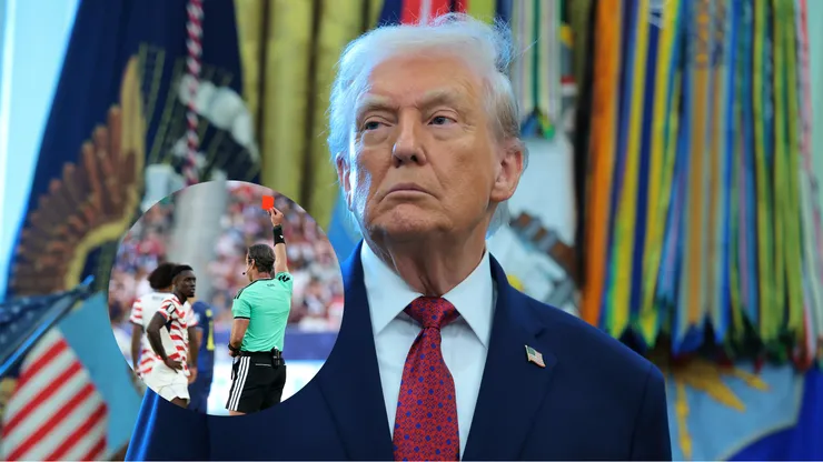 O presidente Donald Trump ouve durante cerimônia de entrega da Medalha de Defesa da Fronteira Mexicana no Salão Oval / O árbitro Raphael Claus aplica cartão vermelho a Folarin Balogun #20 (Estados Unidos) em jogo contra a Bósnia e Herzegovina na Copa 2026 (Foto: Anna Moneymaker/Getty Images / Charlotte Wilson/Getty Images)