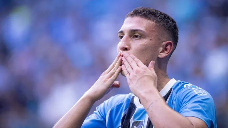 Miguel Monsalve jogador do Gremio comemora seu gol durante partida contra o Juventude no estadio Arena do Gremio pelo campeonato Gaucho 2026.