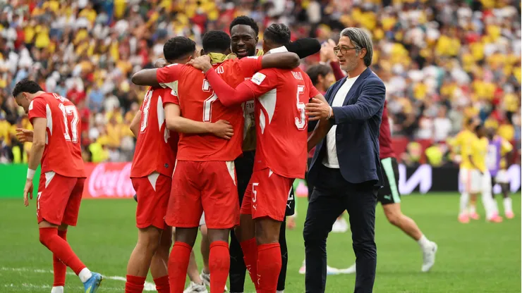 VANCOUVER, CANADA - JULY 07: Switzerland players celebrate after the team's fifth and winning penalty by Ruben Vargas #17 in the penalty shootout during the FIFA World Cup 2026 Round of 16 match between Switzerland and Colombia at BC Place Vancouver on July 07, 2026 in Vancouver, British Columbia, Canada. (Photo by David Ramos/Getty Images)