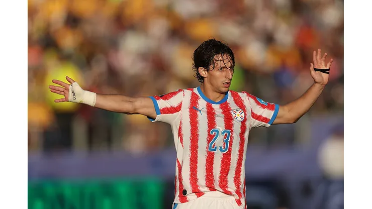 SANTA CLARA, CALIFORNIA - JUNE 25: Paraguay player Matias Galarza reacts during the FIFA World Cup 2026 Group D match between Paraguay and Australia at San Francisco Bay Area Stadium on June 25, 2026 in Santa Clara, California. (Photo by Stu Forster/Getty Images)