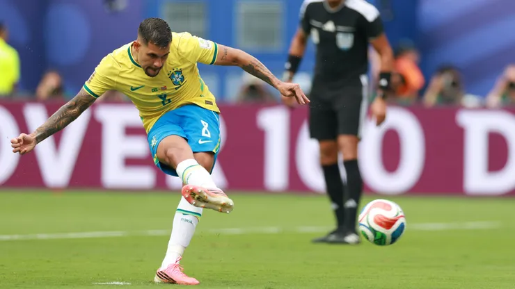 EAST RUTHERFORD, NEW JERSEY - JULY 05: Bruno Guimaraes #8 of Brazil fails to convert a penalty during the FIFA World Cup 2026 Round of 16 match between Brazil and Norway at New York New Jersey Stadium on July 05, 2026 in East Rutherford, New Jersey. (Photo by Elsa/Getty Images)