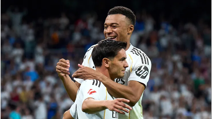 MADRID, SPAIN - MAY 23: Brahim Diaz of Real Madrid celebrates after scoring his team's fourth goal with Kylian Mbappe during the LaLiga EA Sports match between Real Madrid CF and Athletic Club at Estadio Santiago Bernabeu on May 23, 2026 in Madrid, Spain. (Photo by Angel Martinez/Getty Images)