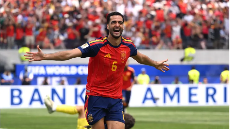 INGLEWOOD, CALIFORNIA - JULY 10: Mikel Merino #6 of Spain celebrates scoring his team's second goal during the FIFA World Cup 2026 Quarter Final match between Spain and Belgium at Los Angeles Stadium on July 10, 2026 in Inglewood, California. (Photo by David Ramos/Getty Images)