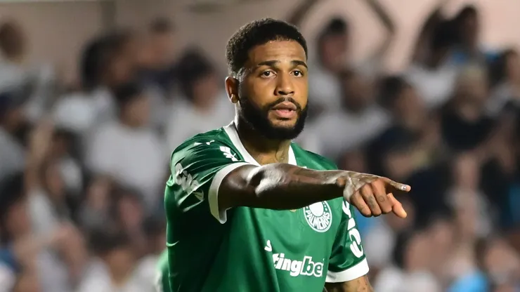 Micael jogador do Palmeiras durante partida contra o Santos no estádio Vila Belmiro pelo campeonato Brasileiro A 2025. Foto: Jota Erre/AGIF