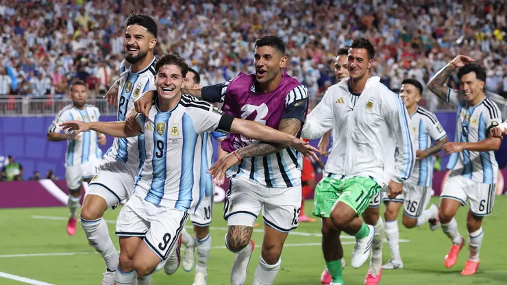 KANSAS CITY, MISSOURI - JULY 11: Julian Alvarez #9 of Argentina celebrates with teammates after scoring his team's second goal during the FIFA World Cup 2026 Quarter Final match between Argentina and Switzerland at Kansas City Stadium on July 11, 2026 in Kansas City, Missouri. (Photo by Carl Recine/Getty Images)