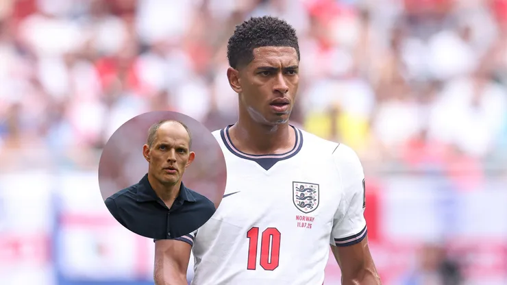 Jude Bellingham #10 (Inglaterra) em ação na partida contra a Noruega pelas quartas de final da Copa 2026 / Thomas Tuchel, técnico da Inglaterra, observa antes do duelo contra a Noruega pelas quartas de final da Copa 2026 (Foto: Richard Pelham/Getty Images / Dustin Satloff/Getty Images for Rexona)