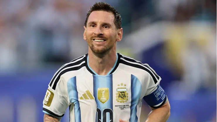 MIAMI GARDENS, FLORIDA - JULY 03: Lionel Messi #10 of Argentina celebrates after the team's second goal by Lisandro Martinez #6 during the FIFA World Cup 2026 Round of 32 match between Argentina and Cabo Verde at Miami Stadium on July 03, 2026 in Miami Gardens, Florida. (Photo by Michael Reaves/Getty Images)