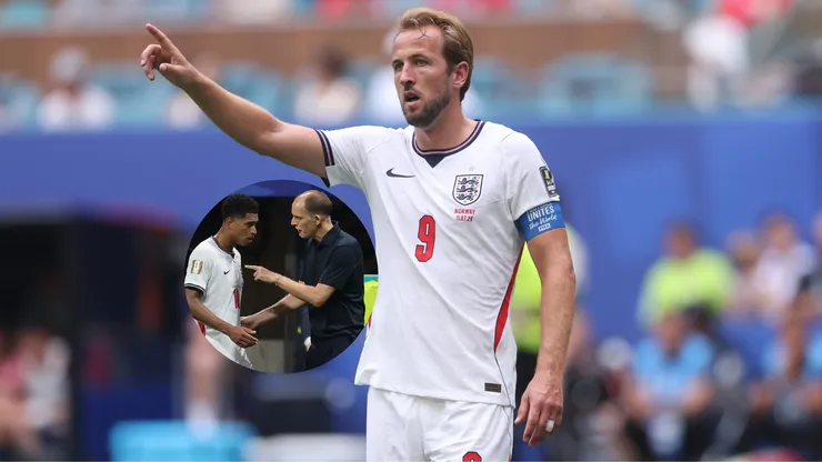 Harry Kane #9 (Inglaterra) em ação na partida contra a Noruega pelas quartas de final da Copa 2026 / Thomas Tuchel, técnico da Inglaterra, conversa com Jude Bellingham #10 no jogo contra a República Democrática do Congo na fase de 16 avos de final da Copa 2026 (Foto: Richard Pelham/Getty Images / Michael Reaves/Getty Images)