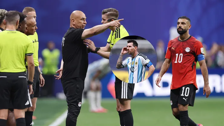 Hossam Hassan, técnico do Egito, discute com o árbitro François Letexier no jogo contra a Argentina pelas oitavas de final da Copa 2026 / Lionel Messi #10 (Argentina) reage no segundo tempo da partida contra o Egito pelas oitavas de final da Copa 2026 (Foto: Buda Mendes/Getty Images / Elsa/Getty Images)