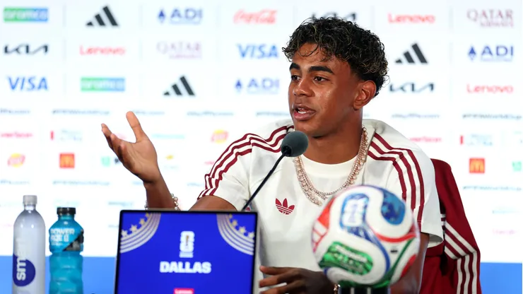 ARLINGTON, TEXAS - JULY 13: Lamine Yamal #19 of Spain speaks to the media during a Spain Press Conference at Dallas Stadium on July 13, 2026 in Arlington, Texas. (Photo by Florencia Tan Jun/Getty Images)