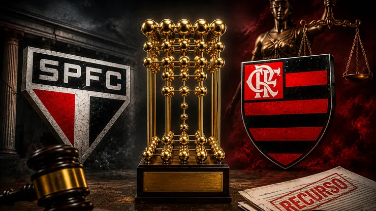 Litígio entre São Paulo e Flamengo se arrasta por anos e desfecho é adiado mais uma vez. Foto: Gerada com auxilio de IA por Antenados no Futebol