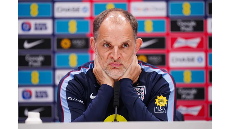ENFIELD, ENGLAND - MARCH 30: England manager Thomas Tuchel speaks to the media during a press conference at Tottenham Hotspur Training Centre on March 30, 2026 in Enfield, England. (Photo by Bradley Collyer - Pool/Getty Images)