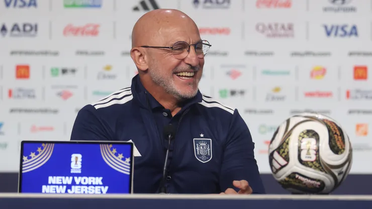 NEW YORK, NEW YORK - JULY 17: Luis de la Fuente, Head Coach of Spain, reacts while speaking with the media during a press conference ahead of the FIFA World Cup 2026 Final between Spain and Argentina at Fanatics Fest at Javits Center on July 17, 2026 in New York, New York. (Photo by Lars Baron/Getty Images)