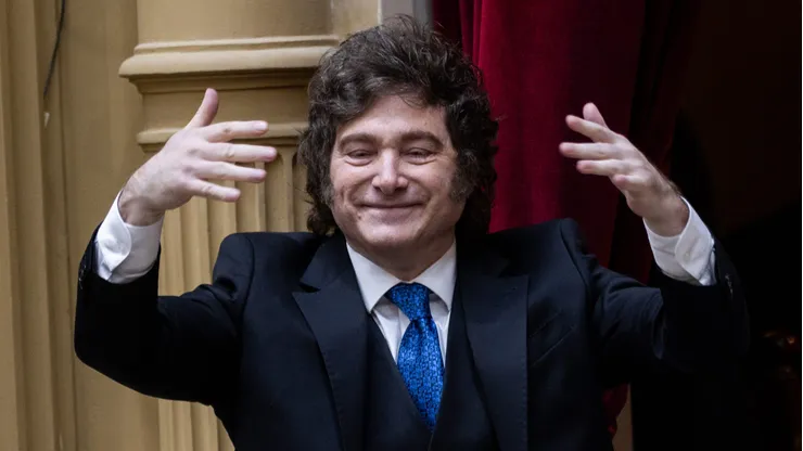 BUENOS AIRES, ARGENTINA - APRIL 29: President of Argentina Javier Milei gestures before hearing Chief of Cabinet Manuel Adorni present a report on his work at The Palace of the Argentine National Congress on April 29, 2026 in Buenos Aires, Argentina. While the presentation is a constitutional obligation, Adorni is currently facing allegations of corruption. (Photo by Tomas Cuesta/Getty Images)