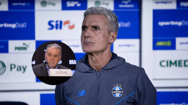Luís Castro técnico do Grêmio durante partida contra o Palmeiras/O dirigente Paulo Pelaipe fala aos jornalistas durante apresentação em coletiva (Fotos: Ettore Chiereguini/AGIF/Maxi Franzoi/AGIF)