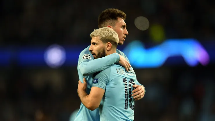 MANCHESTER, ENGLAND - APRIL 17: Sergio Aguero of Manchester City celebrates with teammate Aymeric Laporte after scoring his team's fourth goal during the UEFA Champions League Quarter Final second leg match between Manchester City and Tottenham Hotspur at at Etihad Stadium on April 17, 2019 in Manchester, England. (Photo by Shaun Botterill/Getty Images)