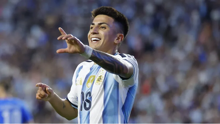 AUBURN, ALABAMA - JUNE 09: Thiago Almada of Argentina celebrates after scoring the team's third goal during the international friendly match between Argentina and Iceland at Jordan-Hare Stadium on June 09, 2026 in Auburn, Alabama. (Photo by Todd Kirkland/Getty Images)