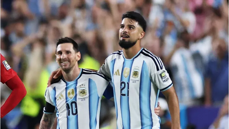 KANSAS CITY, MISSOURI - JULY 11: Jose Manuel Lopez #21 and Lionel Messi #10 of Argentina celebrate after the 3-1 victory during the FIFA World Cup 2026 Quarter Final match between Argentina and Switzerland at Kansas City Stadium on July 11, 2026 in Kansas City, Missouri. (Photo by Kevin C. Cox/Getty Images)