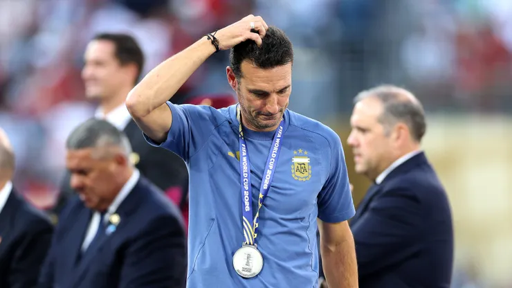 EAST RUTHERFORD, NEW JERSEY - JULY 19: Lionel Scaloni, Head Coach of Argentina, reacts after receiving the medal following the FIFA World Cup 2026 Final match between Spain and Argentina at New York New Jersey Stadium on July 19, 2026 in East Rutherford, New Jersey. (Photo by Dan Mullan/Getty Images)