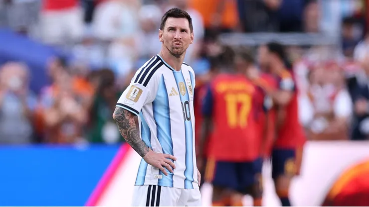 EAST RUTHERFORD, NEW JERSEY - JULY 19: Lionel Messi #10 of Argentina reacts during the FIFA World Cup 2026 Final match between Spain and Argentina at New York New Jersey Stadium on July 19, 2026 in East Rutherford, New Jersey. (Photo by Carl Recine/Getty Images)