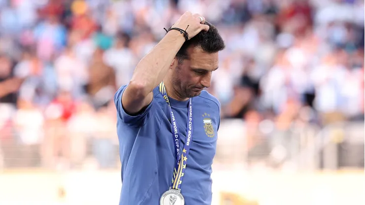 EAST RUTHERFORD, NEW JERSEY - JULY 19: Lionel Scaloni, Head Coach of Argentina, reacts after receiving his runner-up medal during the FIFA World Cup 2026 Final match between Spain and Argentina at New York New Jersey Stadium on July 19, 2026 in East Rutherford, New Jersey. (Photo by Carl Recine/Getty Images)
