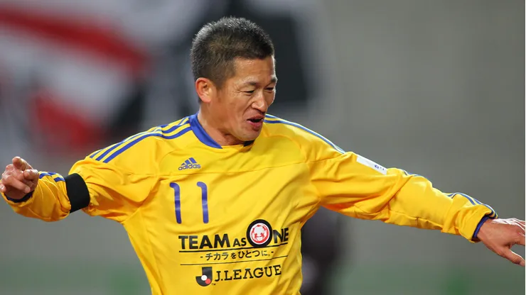 OSAKA, JAPAN - MARCH 29: Kazuyoshi Miura of J.League XI scores the third goal during a charity match for those affected by Japan's earthquake and tsunami at Nagai Stadium on March 29, 2011 in Osaka, Japan. (Photo by Koji Watanabe/Getty Images)